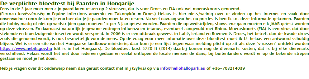Paardentip stalling bloedtest, HelloHalloPark Hongarije vakantie camping en manege